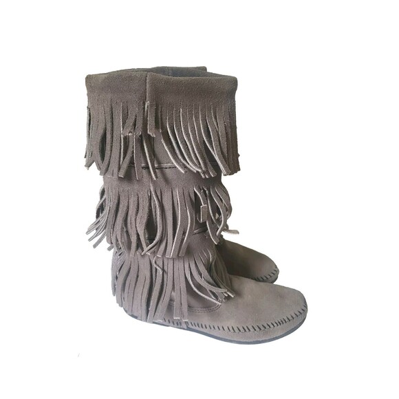 Minnetonka Gray Suede Leather Moccasins Fringe Boots Pull On 1631T Womens Size 8 - Picture 2 of 6